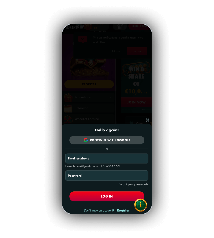 Anmeldemaske von JokerTipp Casino mit Feldern fuer E-Mail und Passwort