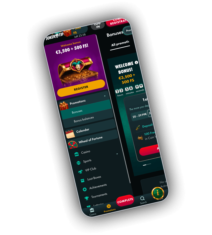 Aktionsuebersicht von JokerTipp Casino mit Willkommenspaket, Wochenendbonus und Cashback